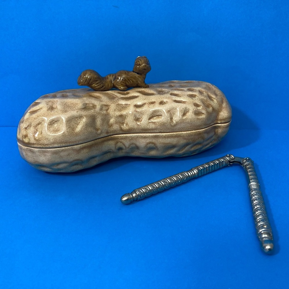 Handmade Vintage 70s Ceramic Peanut Squirrel Nut Bowl & Nutcracker Set Signed